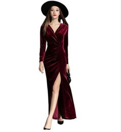 2018 Automne Hiver Soirée Robes De Soirée Robe De Velours Rouge Femmes Sexy Haute Split Longues Robes Longues De Noël Piste Robe Longo