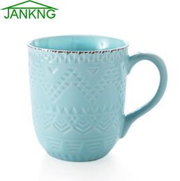 JANKNG 500mL Relief Handmade Ceramic Mug Cups Western Style Water Bottle Blue White Coffee Milk Tea Mugs Birthday Girl Gift