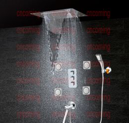 현대 벽 장착 샤워 시스템 수도꼭지 패널 탭 온도 조절 샤워 믹서 LED 천장 샤워 헤드 비 폭포 안개 마사지 제트 CS5326