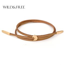 Wholesale- Women New Double Layer PU Leather Bracelets Vintage Worn Gold Zinc Alloy Moon Pendant Adjustable Charm Bangles Jewellery Female