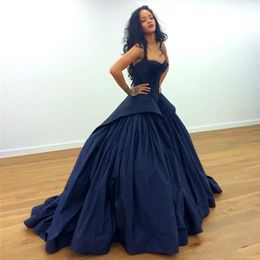 Real Image Deep Navy Blue Prom Dress Ball Gown Robe De Soiree Sexy Spaghetti Straps Pleats Evening Dressess Custom Made Party Gown