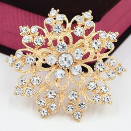 Luxury Fancy Gold Tone Sparkling Clear Crystals Women Wedding Bridal Bouquet Big Heart Flower Brooch Exquisite Diamante Lady Brooches