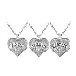 Set of 3 Big Sis Little Sis Baby Sis Crystal Heart Pendant Necklace Nature for Three Sisters Handmade Jewellery