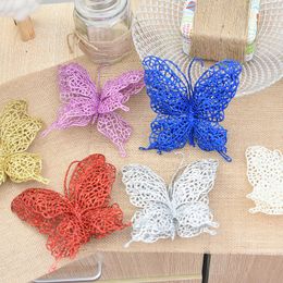 Christmas Butterfly Christmas Tree Decoration Flash Hollow Flower Artificial Flowers Butterfly for Christmas New Year Ornament