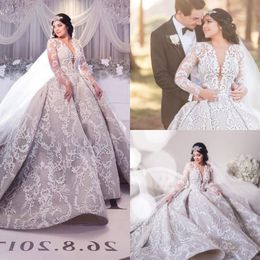 lace ball gown dubai wedding dresses long sleeve lace appliqued saudi arabia bridal gowns sheer plunging neckline wedding dress