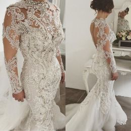 Luxury Rhinestones Mermaid Wedding Dress Bridal Gowns High Neck Beaded Lace Applique Long Sleeves Wedding Dress Sexy Tulle Long Bridal Gowns