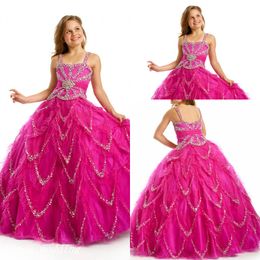 Sugar Fuschia Beaded Girl's Pageant Dress Princess Ball Gown Party Cupcake Prom Dress For Young Short Girl Pretty Dress For Little Kid