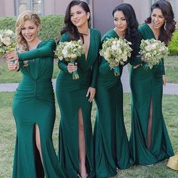 Unique Long Sleeve Bridesmaid Dresses Winter Sexy Plunging V Neck Mermaid Teal Green Jersey Pleated Split Front Cheap Long Bridesmaids Dress