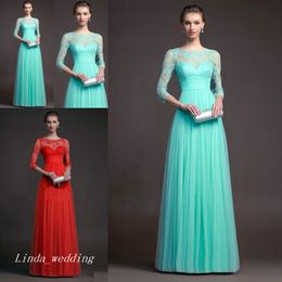 Mint Green Red Evening Dress A Line Sheer Top Neck Tulle Lace Long Formal Prom Party Event Gown