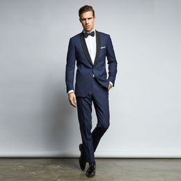 Handsome Dark Navy Mens Suits Slim Fit One Button Groom Wedding Suit Cheap Two Pieces Custom Tuxedos (Jacket+Pants+Bow Tie)