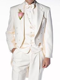 Özel Yapılmış Fildişi Tailcoat Damat Smokin Notch Yaka Best Man Groomsmen Erkekler Düğün Takımları Damat (Ceket + Pantolon + Yelek + Kravat)