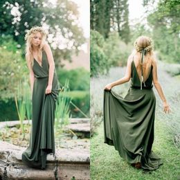 Olive Green New Bridesmaid Dresses Sexy Spaghetti Straps Backless Wedding Guest Wear Sweep Train Custom Made A Line Maid Of Honor Gowns