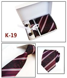 Fashion Neck tie set handkerchief Cufflink Necktie clips Gift box 20 Colours for Father's Day Men's business tie Christmas gift free ship