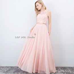 Chiffon Country Bridesmaid Dresses Two Pieces Long Floral Lace Top Wedding Party Dresses with Pockets Prom Gowns Dark Navy,Pink,Blush