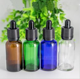 Hot Sale Empty Amber/Clear/Blue/Green Glass Dropper Bottles 30ml Dropper Liquid essential oil glass bottles With Childproof Tamper Cap