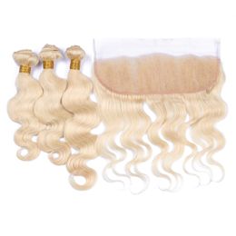 Virgin Peruvian Body Wave Blonde Human Hair Weaves with Lace Frontal Closure 13x4 Pure #613 Colour 3Bundles with Full Lace Frontal