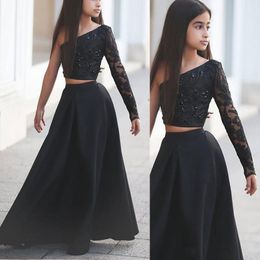 2018 New Custom Pageant Dresses for Teens Cute Beaded Lace Applique Sheer Long Sleeve Black A Line Two Pieces Girls Party Gowns 087