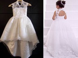 Princess High Collar Backless Lace Ball Flower Girl Dresses with Appliques Hi-Lo Girls Pageant Gown First Communion BF09