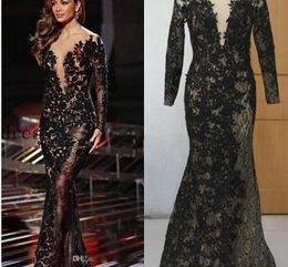 2016 Celebrity Evening Dresses Applique Preto com Fio De Ouro Colher 3/4 Manga Longa Sereia Trem Da Varredura Vestidos de Baile Real Pictures Vestidos