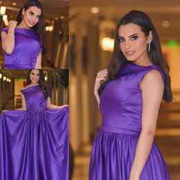 Simple Purple A Line Evening Dresses Satin Off The Shoulder Prom Dresses Floor Length Saudi Arabic Formal Party Dresses Cheap Free Shipping