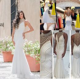 2017 New Modern Mermaid Wedding Dresses High Neck Illusion Pearls Beading Open Back Court Train Chiffon Beach Plus Size Formal Bridal Dress