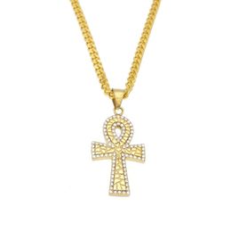 Men Women Ankh Keys Cross Statement Necklace Egyptian Jewellery Bling Rhinestone Gold Plated Stainless Steel Pendant & Chain Life Egypt