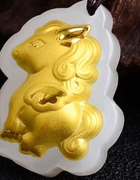 Gold inlaid jade Chinese zodiac (cartoon) ma talisman necklace and pendant