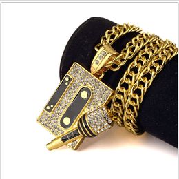 High Quality 18K Gold Plated Mens Hip Hop Rhinestone Golden Cassette Tape Pendants Twisted Chain Long 80cm Necklace Women Rock Rap Punk