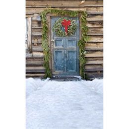 Wooden Cabin Blue Door Winter Snow Christmas Photography Backdrop Green Wreath Outdoor Scenic Children Kids Studio Photo Shoot Background