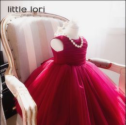 Elegant Girl Summer Dresses 2016 Red Chiffon Girls Wedding Party Birthday Dress Girl Baptism Vestidos with Big Bow 6M-12Y