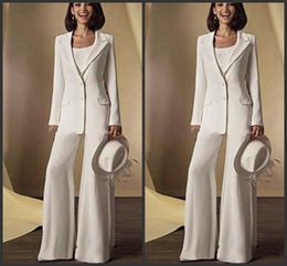 2019 New Satin Long Sleeves Mother Of the Bride Pant Suits with jacket Mother Dresses Custom Made White Formal Outfits 131