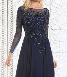 2019 Top Selling Elegant Navy Blue Mother of The Bride Dresses Chiffon See-Through Long Sleeve Sheer Neck Appliques Sequins Evenin263R