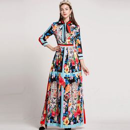 Women's O Neck Long Sleeves Bow Detailing Floral Printed Striped Pleated Elegant Maxi Runway Dresses