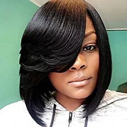 Short Cut Straight Bob human hair Wigs for black Women 150% density African American Wigs with swept Bangs Natural Black Full Wigs