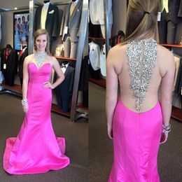 Hot Pink Crystals Beaded Sleeveless Prom Dresses Sheer Back Satin Mermaid Evening Gowns Saudi Arabic Formal Party Dresses Free Shipping