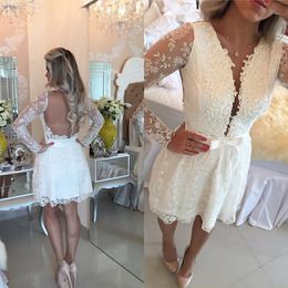 White Lace Homecoming Dresses Plunging Long Sleeve With Applique Prom Dresses Sheer Back Covered Button With Custom Made Party Dresses