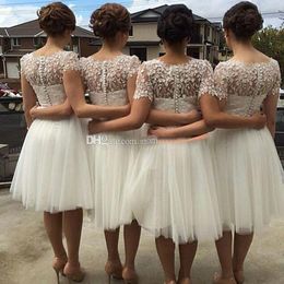 2017 White Australia USA Bridesmaid Dresses Short Sleeves Bridesmaid Dress Lovely Tulle Lace Party Dress Knee Length Plus Size Prom Dresses