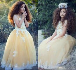 Pageant Light Yellow Sheer Neck Beads Lace Appliques Flower Girls Dresses for Weddings Tulle Kids Formal Party Dress