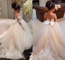 Ball Gown Flower Girl Dresses With Big Bow Back Tulle Kids Wedding Dress Lace Long Sleeves Sheer Girls Pageant Gowns