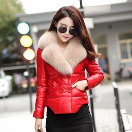 Women's luxury genuine sheepskin leather natural fox fur collar long sleeve duck down padded short parka coat double breasted casacos 4XL