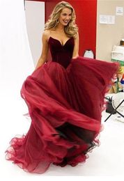 V-neck Modern Burgundy Princess Evening Dress Sleeveless Sweetheart Velvet and Organza Prom Dress vestidos de noche