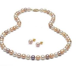 -8-9mm Weiß Rosa Lila Multicolor Natürliche Südsee Perlenkette 20 inch + Ohrring Set 14 Karat Gold