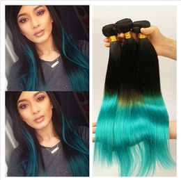 9A Malaysian 1B Teal Two Tone Human Virgin Hair Bundles 3Pcs Lot Silky Straight Extensions Dark Roots Teal Green Ombre Human Hair Weaves