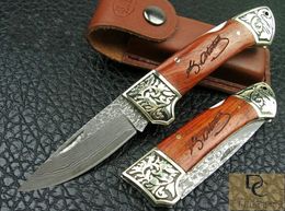 Hand made DK033 DAMASCUS folding knife hand made DAMASCUS Blade Copper + Rosewood handle High quality with leather sheath