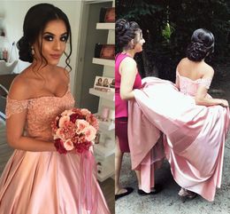 Off Shoulder Blush Pink Evening Dresses Appliques Sequins Beaded Satin Floor Length Puffy Skirt Formal Prom Dresses Lace Up