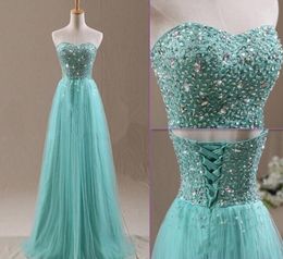 Crystals Long Evening Dresses Sweetheart Mint Tulle A line Gorgeous Beaded Sequins Corset Pageant Gowns 2019 Vestidos de fiesta Gorgeous New