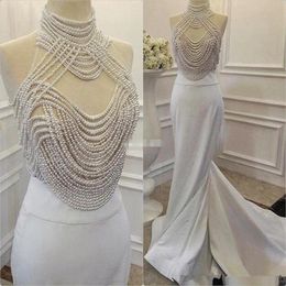 Luxury Robe De Soiree Evening Dress Sexy High Neck Illusion Pearls Beading Top Mermaid Court Train Special Prom Party Gowns for Women