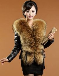 Women's luxury genuine sheepskin leather natural real raccoon fur collar warm duck down padded long sleeve short parka slim waist coat XXXL
