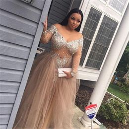Sparkling Champagne Plus Size Prom Dresses 2016 Sheer Neck Beaded Crystal Long Sleeves Evening Gowns Illusion Luxury Celebrity Pageant Dress