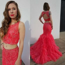 Two Pieces Prom Dresses Jewel Sleeves Beaded Applique Mermaid Evening Gowns Open Back Tiered Ruffle Custom Made Vestidos De Novia 2017